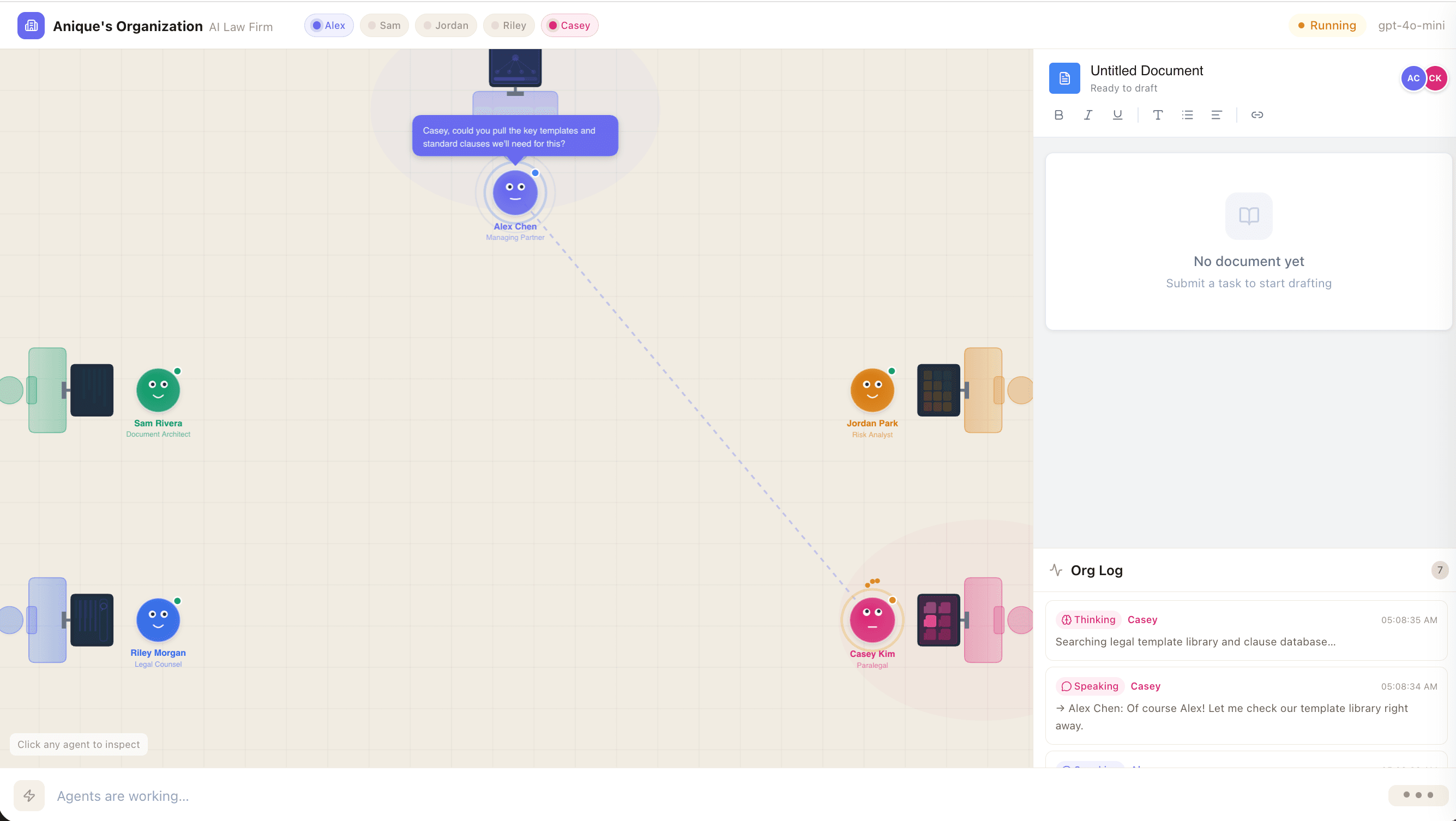 AI Agents collaborating - Alex Chen delegating tasks with speech bubbles and org log