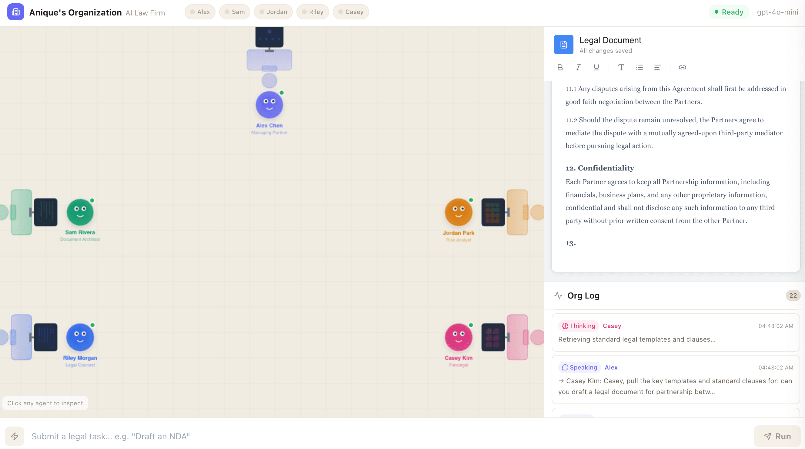 Legal document being drafted live with agent contributions visible in the document panel